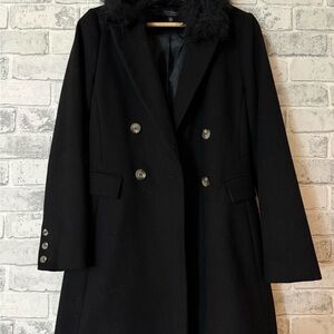 Topshop Black Double-Breasted Pea Coat with Faux Fur Collar